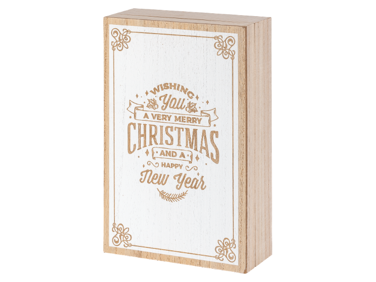 Weihnachtsdekoration aus Holz mit dem Text „Wishing You A Very Merry Christmas And A Happy New Year“.