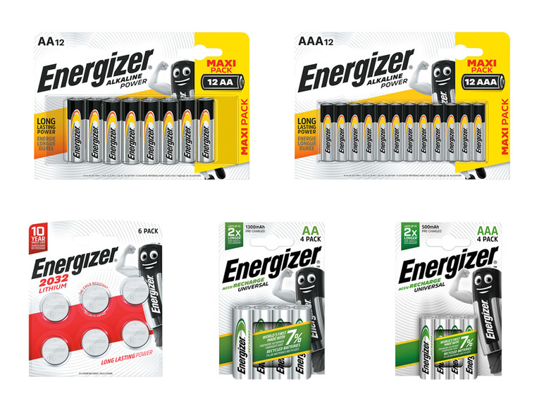Energizer AA und AAA Batterien, einschließlich Lithium-Batterien und wiederaufladbare Batterien.