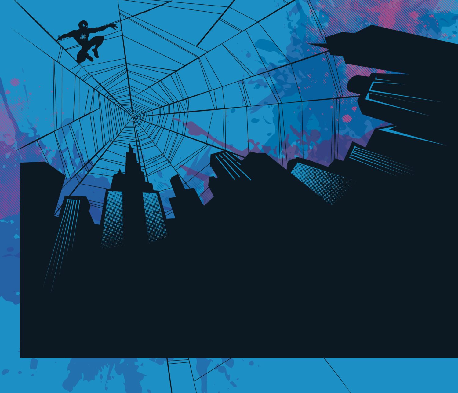 Spiderman über einer Stadt auf einem Spinnennetz, mit blauem und lila Hintergrund.