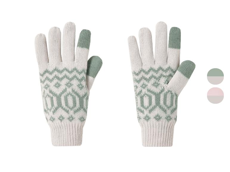 Gestrickte Handschuhe mit beigem und grünem Jacquardmuster, touchscreen-kompatibel.