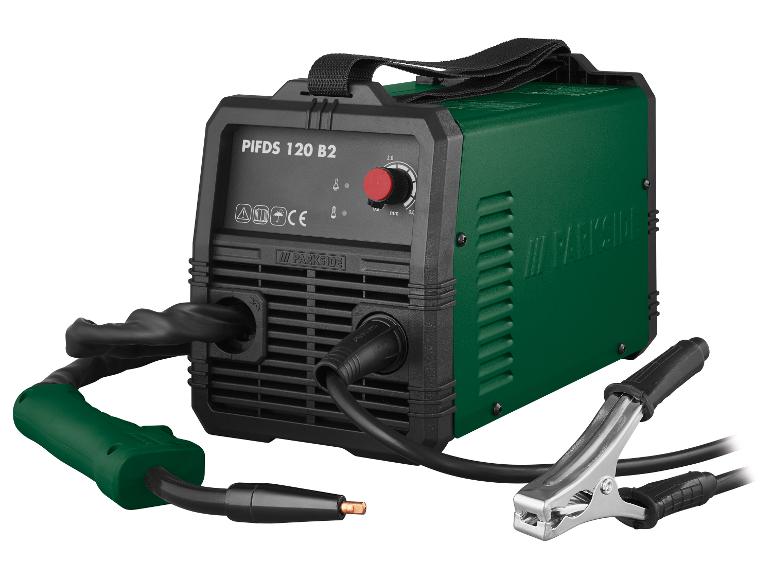 Parkside PIFDS 120 B2 Schweißgerät in Grün und Schwarz mit Kabeln und Klemme.