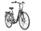 Graues Elektrofahrrad mit grünen Akzenten, Vorder- und Gepäckträger.