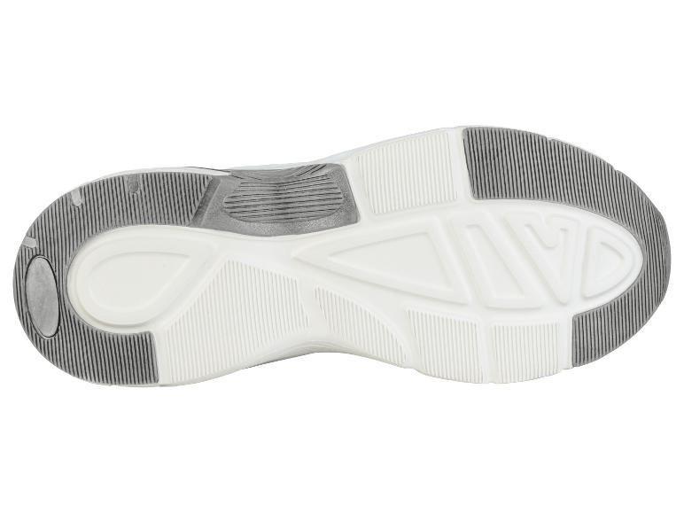 Weiße und graue Sneaker-Sohle mit Traktionsmuster.