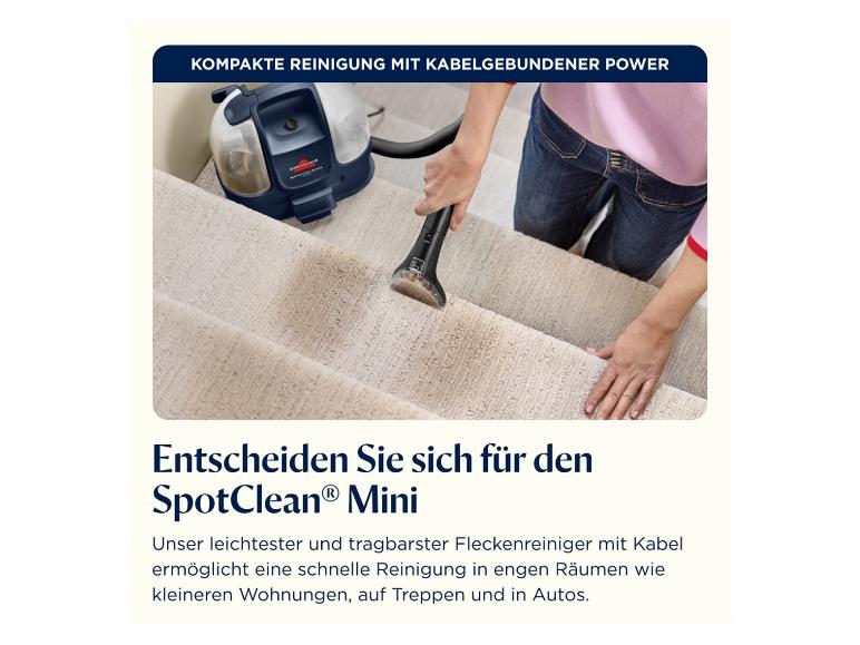 BISSELL SpotClean Mini Fleckenreiniger bei der Teppichreinigung auf einer Treppe.