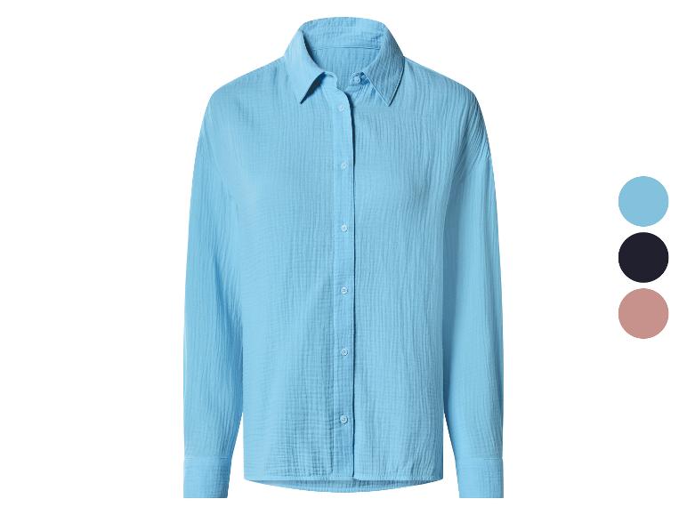 Blaue Damenbluse mit drei Farboptionen: Blau, Schwarz und Rosa.