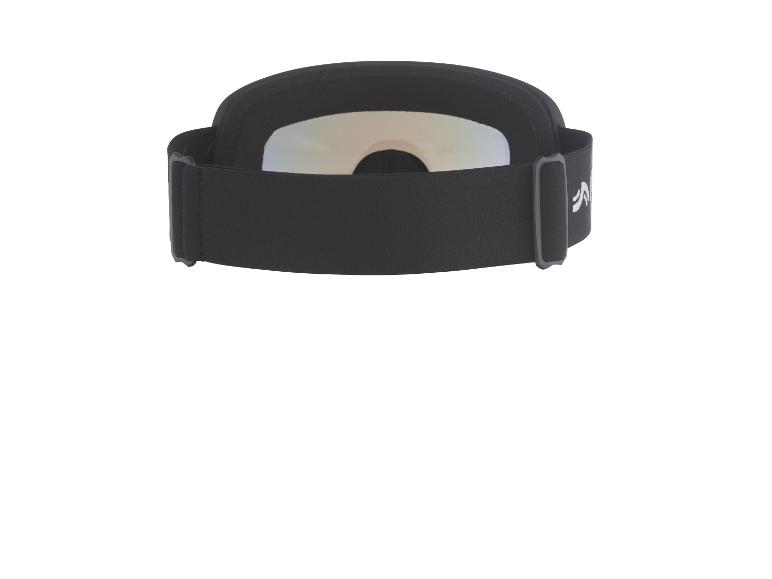 Schwarze Skibrille mit weißem Logo auf dem Band, Rückansicht.