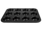 Eine schwarze Backform mit 12 Vertiefungen für Muffins oder Cupcakes.