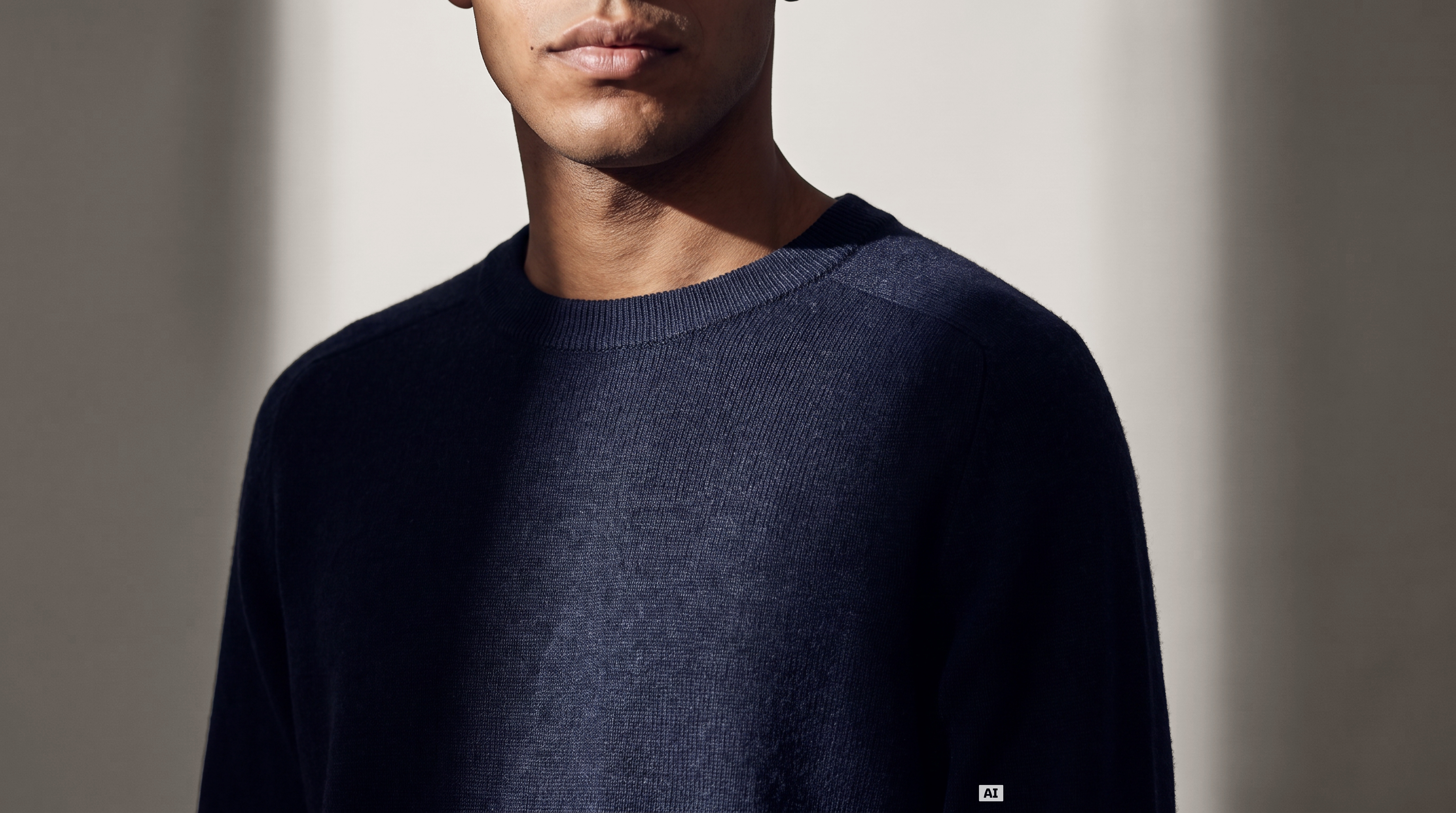 Dieses Bild ist KI-generiert: Ein männliches Model trägt den Pullover in der Farbe Blau.