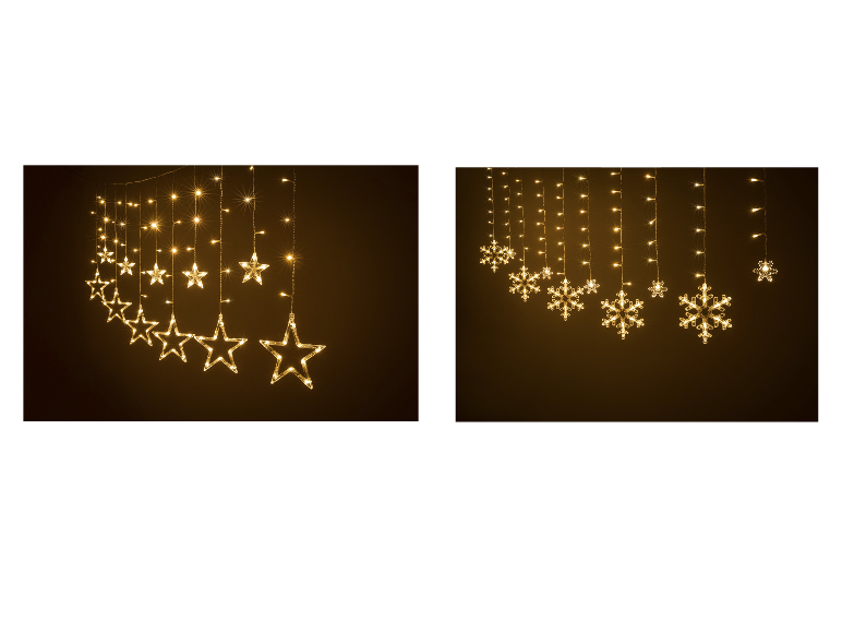 LED-Lichtervorhänge mit Sternen und Schneeflocken für Weihnachtsdekorationen.