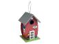 Rotes Vogelhaus aus Holz mit grauem Dach und dekorativen Details.