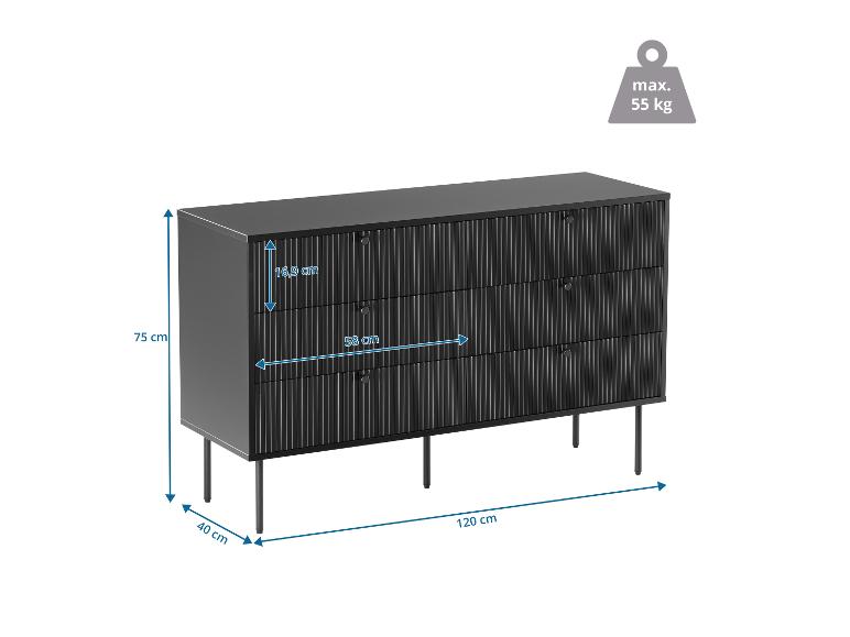 Schwarze Kommode mit drei Schubladen und Maßen, max. Belastung 55 kg.