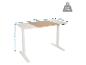 Höhenverstellbarer Schreibtisch mit weißer und Holzplatte, 140x70 cm und 73-118 cm hoch, max. 80 kg.