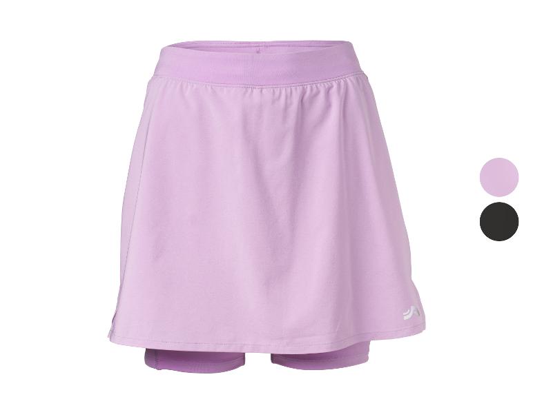 Lila Damen-Sport-Skort mit integrierten Shorts, erhältlich in Lila und Schwarz.