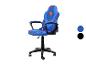 Blauer Gaming-Stuhl mit roten Akzenten und Superman-Logo, mit Farbmustern.