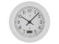 Weiße Wanduhr mit digitaler Temperaturanzeige.