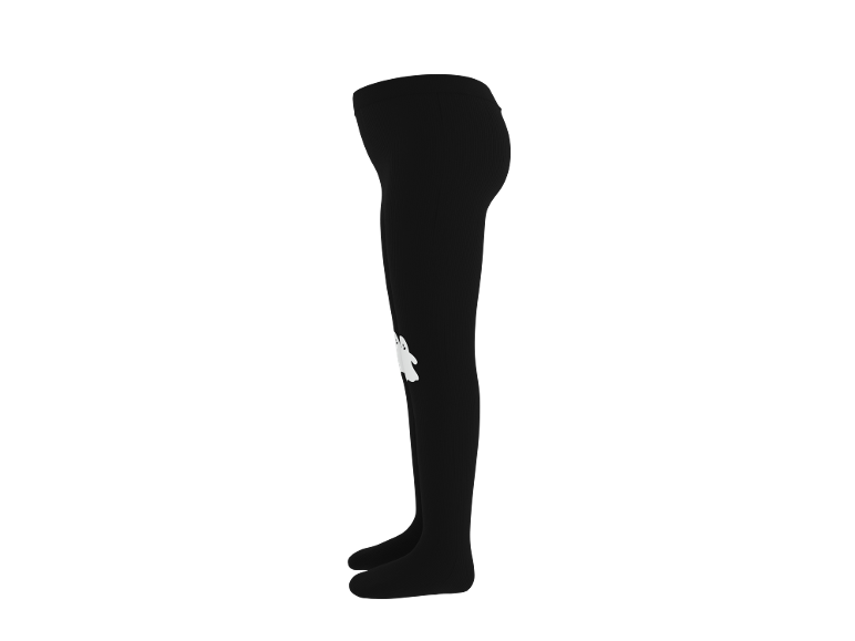 Schwarze Strumpfhose mit weißem Geist, Seitenansicht.