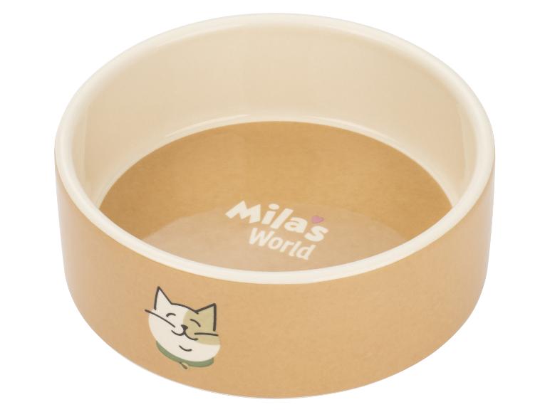 Beige Keramik-Haustierschale mit der Aufschrift „Mila's World“ und einer Katzenzeichnung.