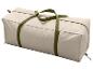 Beige Reisetasche mit olivgrünen Trägern.