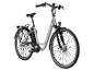 Weißes E-Bike mit orangefarbenen Akzenten, Gepäckträger sowie Vorder- und Rücklichtern.