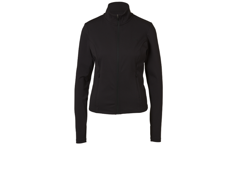 Schwarze Damen-Sportjacke mit Reißverschluss und Stehkragen.