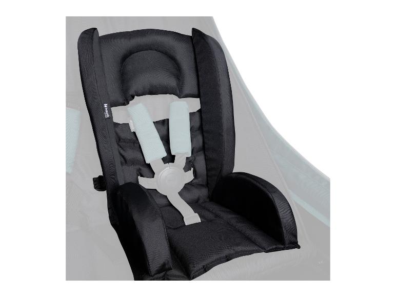 Schwarzer Hauck Kinderwagen-Sitzbezug mit grauen Sicherheitsgurten und Schulterpolstern.