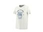 Weißes T-Shirt mit blauem Sardinendosen-Aufdruck und „Simply Delicious“-Text.