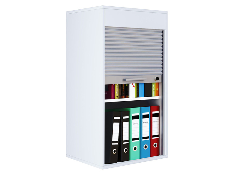 Weißer Schrank mit Rollladen, gefüllt mit Ringordnern und Büchern.