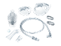 Inhalator-Set mit Masken, Schlauch, Mundstück und Zubehör auf schwarzem Hintergrund.