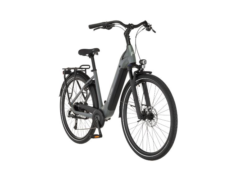 Graues E-Bike mit Gepäckträger und Vorderlicht, Vorderansicht.