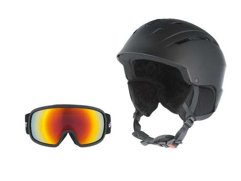 Schwarzer Skihelm und Skibrille mit orangefarbenem Spiegelglas.