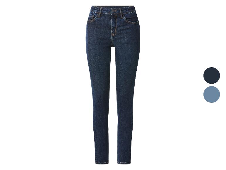 Dunkelblaue High-Waist Skinny Jeans für Damen mit zwei Farbmustern.