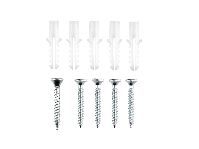 Sechs Schrauben und Dübel zum Befestigen von Gegenständen an einer Wand.