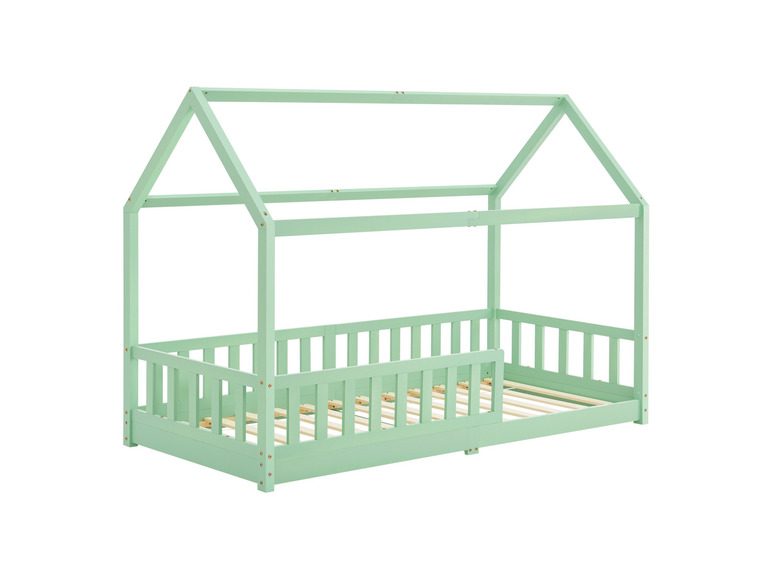 Ein mintgrünes Holzbett mit einem Dach-förmigen Kopfteil.