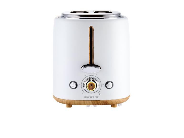 Weißer SilverCrest Toaster mit Holzdetails, Retro-Design.