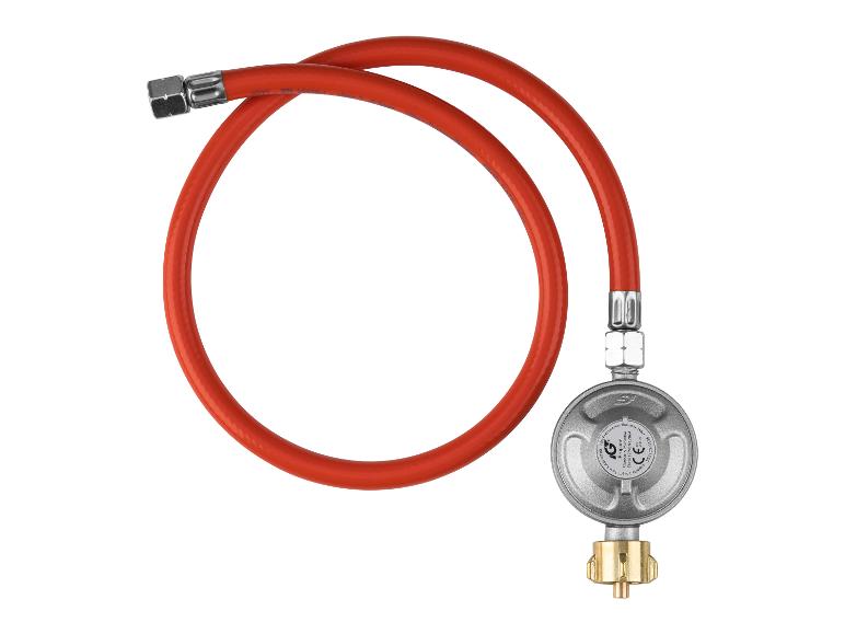 Roter Gasschlauch mit Druckregler für Propan, 50 mbar, 1,5 kg/h Leistung.