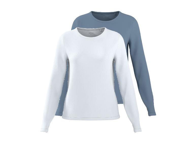 Zwei einfarbige Damen-Langarmshirts, eines weiß und eines blau.