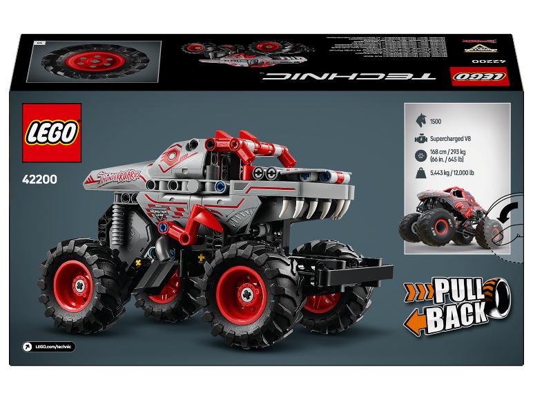 LEGO Technic Thunder Roarus Monstertruck-Box mit Spezifikationen und Rückziehfunktion.