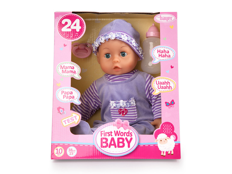 Eine 'First Words Baby' Puppe in einem lila Outfit mit Flasche und Schnuller.
