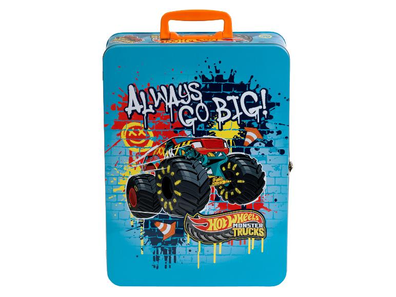 Hot Wheels Monster Trucks Metallbox, blau, mit einem Monstertruck und dem Text „Always Go Big!“