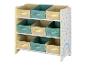 Ein Holz-Regal mit 9 Aufbewahrungskörben, mit einem Regenbogen-Design und Punkten.