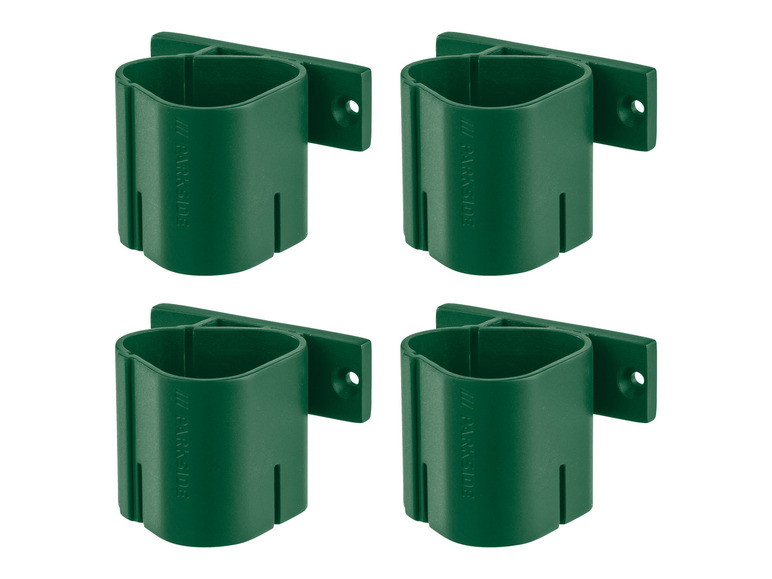 Vier grüne Wandhalter von Parkside zum Aufhängen von Werkzeugen.
