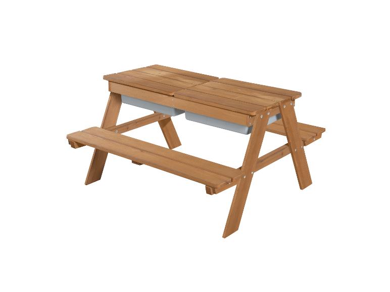 Picknicktisch aus Holz für Kinder mit zwei integrierten Aufbewahrungsfächern.