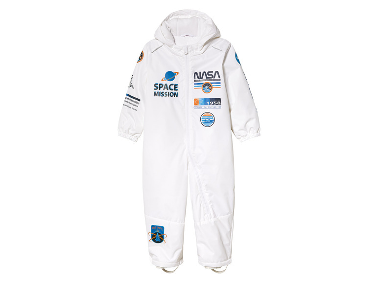 Weißer Overall für Kinder mit NASA und Space Mission Logos.