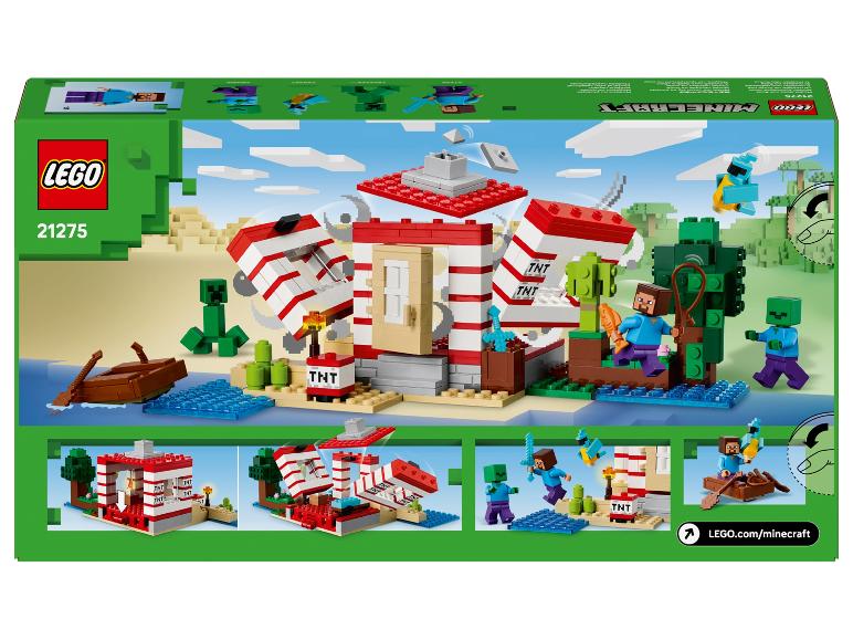 Minecraft-Spielset mit Haus, Boot, Figuren und Zubehör, das verschiedene Szenen zeigt.