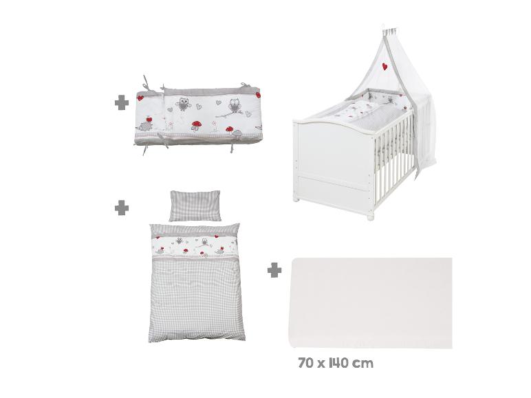 Weißes Babybett mit Himmel, Nestchen, Bettwäsche-Set mit Eulen und Igeln und Matratze 70x140 cm.