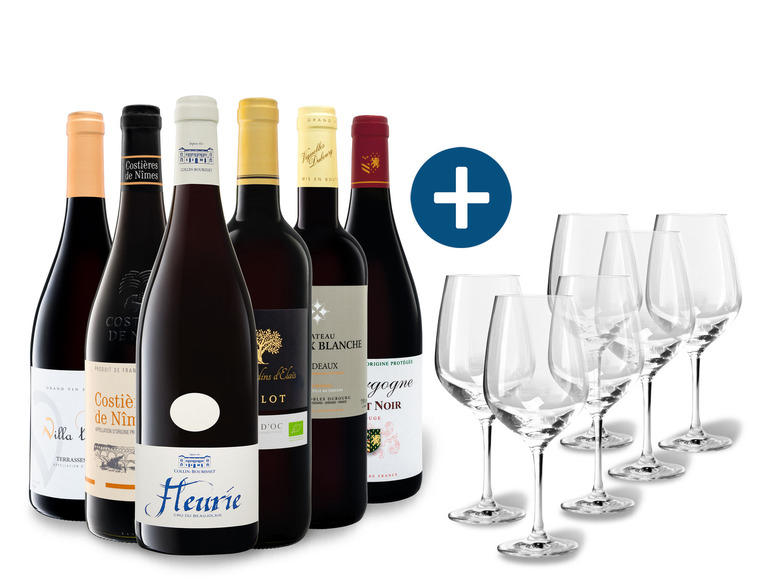 Gehe zu Vollbildansicht: 6 x 0,75-l-Flasche Weinpaket Frankreichs Rotweine entdecken mit 6er Rotwein-Gläserset Ernesto - Bild 1