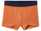 Orangefarbene Boxershorts mit blauem Bund.