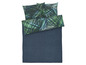 Dunkelblaue Bettwäsche mit tropischem Muster.