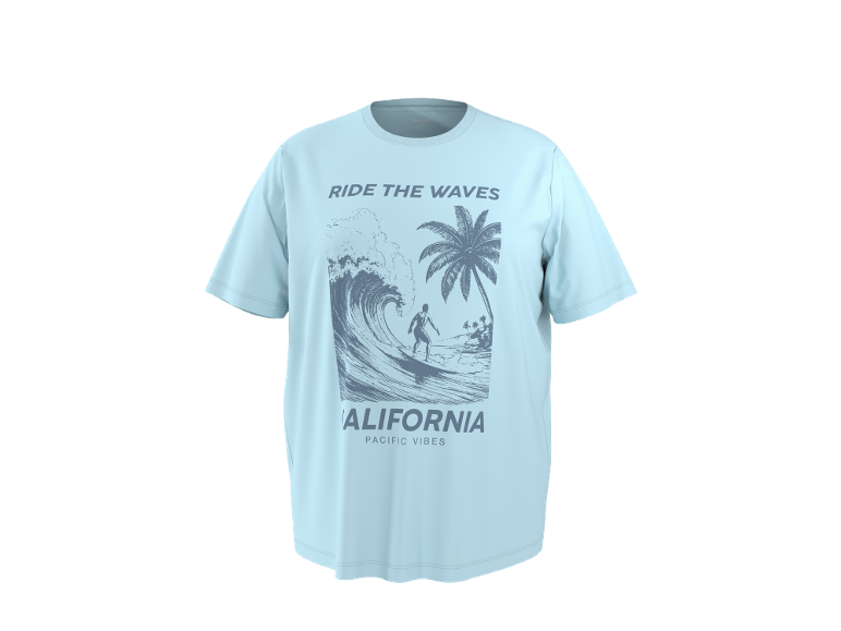 Hellblaues T-Shirt mit grafischem Aufdruck eines Surfers auf einer Welle, Palmen und dem Text 'RIDE THE WAVES CALIFORNIA PACIFIC VIBES'.