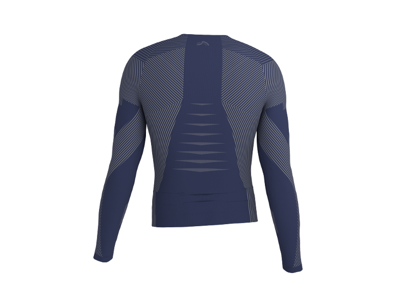 Dunkelblaues Langarmshirt mit geometrischem Muster aus hellen Streifen.